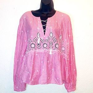 Gap Blouse Sz Lg. Red stripe Cotton lace pattern